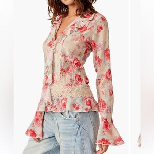 Free People Floral Ruffle Lace Blouse in Cream and Coral